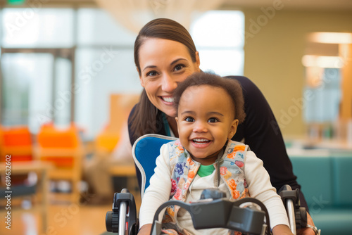 Afro american nurse, doctor and disabled child, smiling. Rehabilitation center for paraplegics, injured, muscle disorders. Helping, physiotherapy. photo