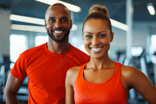 Afro american woman and man working out in fitness, being muscular, in shape. Happy after workout in gym. Personal trainers, achievements and goals.