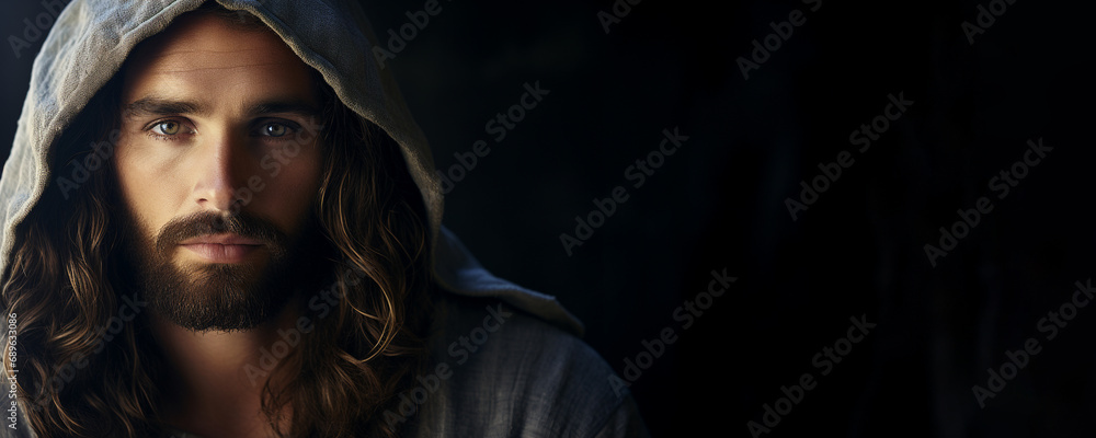Jesus Christ. Wearing Hoodie. Modern Style. 5:2 Banner. Jesus Christ. Wearing Hoodie. Modern Style. 5:2 Banner.