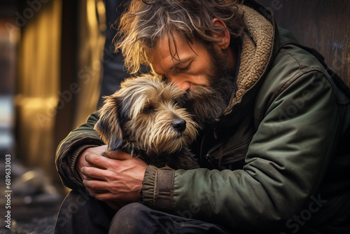 A sad homeless man hugs his stray companion dog while sitting on the street