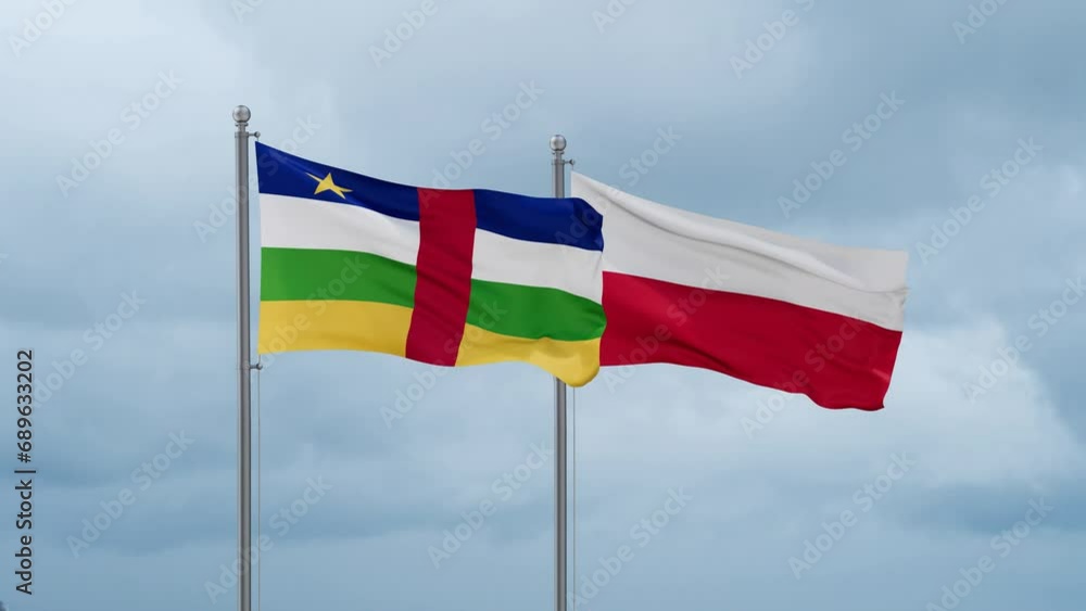 Poland and Central Africa flag waving together on cloudy sky, endless seamless loop, two country cooperation concept Poland and Central Africa flag waving together on cloudy sky, endless seamless loop, two country cooperation concept