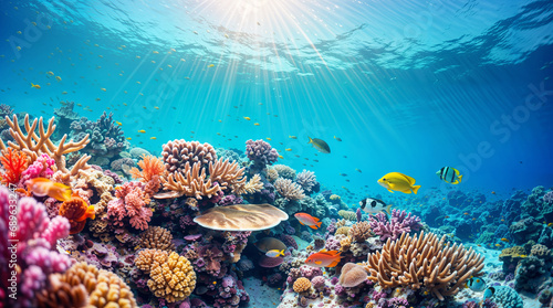 Underwater coral reef and exotic sea life  beautiful vibrant colors  tropical colorful sea and fish  diving and biodiversity concept  hd