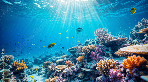 Underwater coral reef and exotic sea life, beautiful vibrant colors, tropical colorful sea and fish, diving and biodiversity concept, hd