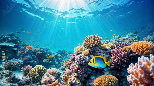 Underwater coral reef and exotic sea life, beautiful vibrant colors, tropical colorful sea and fish, diving and biodiversity concept, hd © OpticalDesign