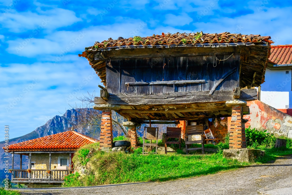 Traditional granary (horreo) building in Cofino, Asturias, Spain Traditional granary (horreo) building in Cofino, Asturias, Spain
