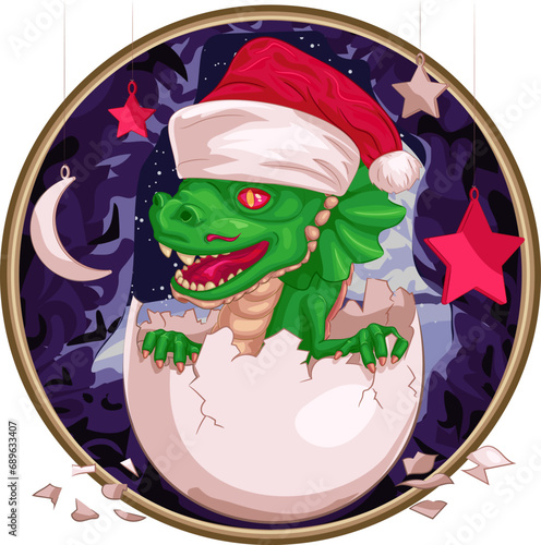 Green wooden dragon hatched from an egg wearing Santa Claus hat in cave. Vector illustration of baby dragon crawling out of an egg in cave wearing Christmas hat with New Year toys above it.