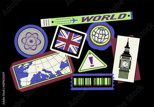 Cool Travel Sticker Pack. Set of cool travel London patches vector design. Retro tags. Traveling old tickets flight labels stamps. Vector set of London symbols