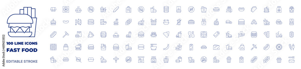 100 icons Fast food collection. Thin line icon. Editable stroke. Fast food icons for web and mobile app.