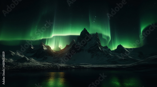 Northern Lights Background. Ethereal beauty of the Aurora Borealis. Night mountains, fjords and lakes