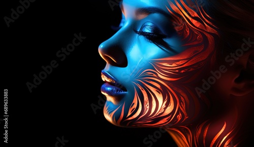 close up woman facial skin painting wearing make up fantasy carnival style, Generative Ai