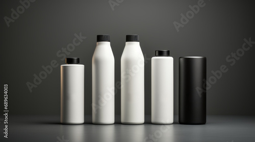 Hair care set: cosmetic skincare products. Shampoo, oil, butter, and conditioner. Realistic cosmetics product bottles, tubes, and plastic containers. Product placement mock-ups photo