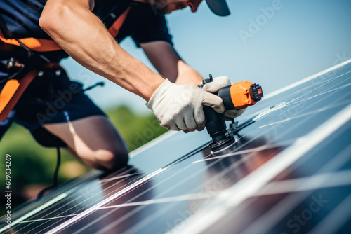 Electrician Securing Solar Panels on Roof