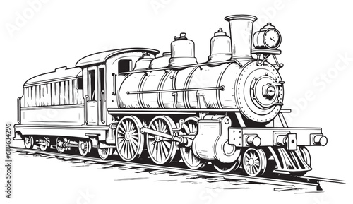 Vintage steam train locomotive, engraving style vector illustration Cartoon