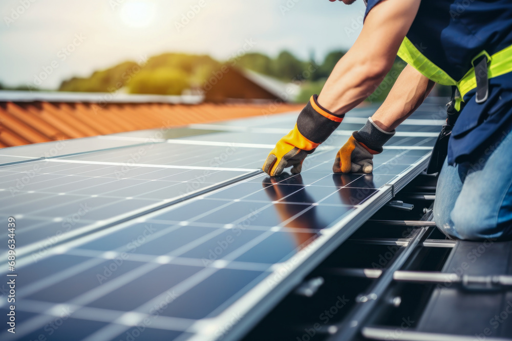 Fototapeta premium Solar Panel Installation by Professional Technician