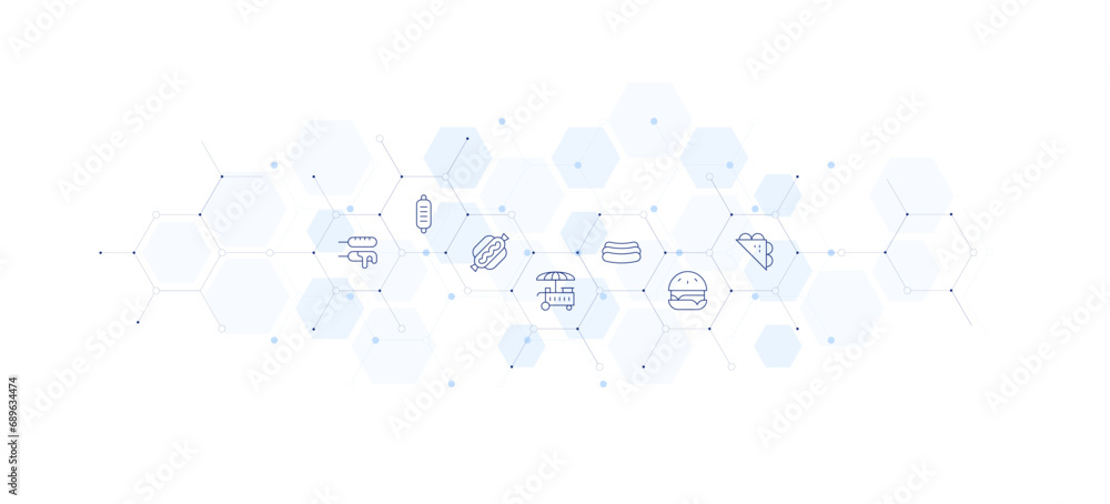 Fast food banner vector illustration. Style of icon between. Containing corn dog, bread, hotdog, hot dog, food cart, burger.