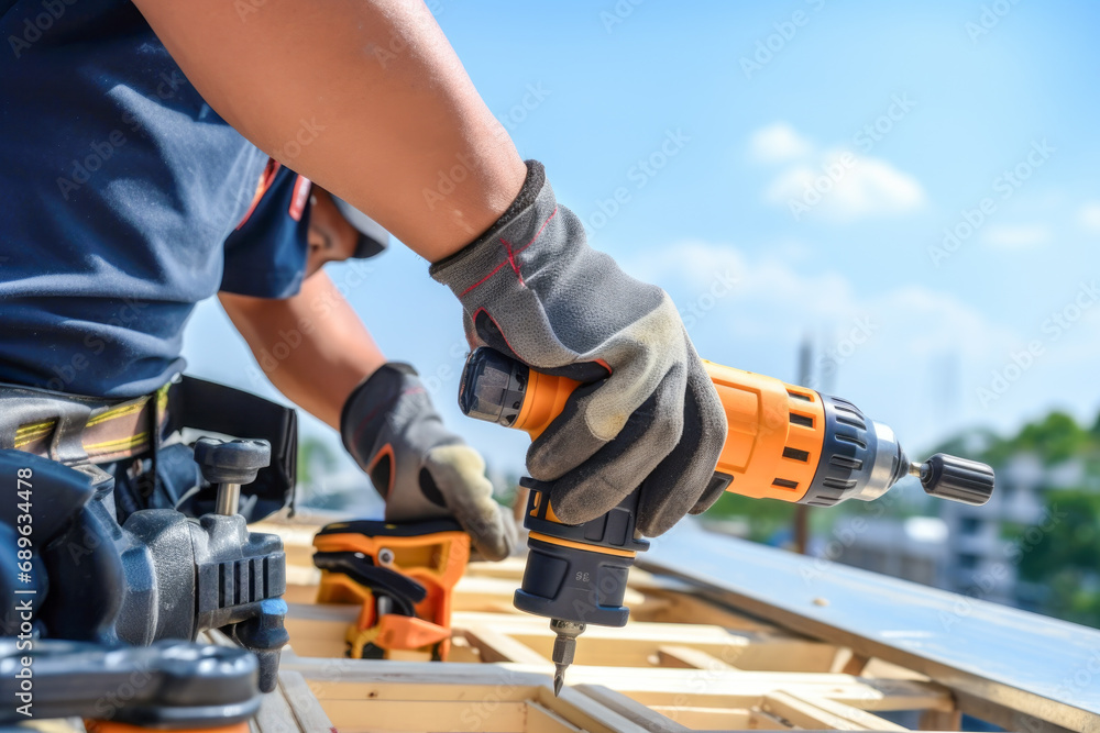 Construction Worker Drilling on Solar Panel Frame Construction Worker Drilling on Solar Panel Frame