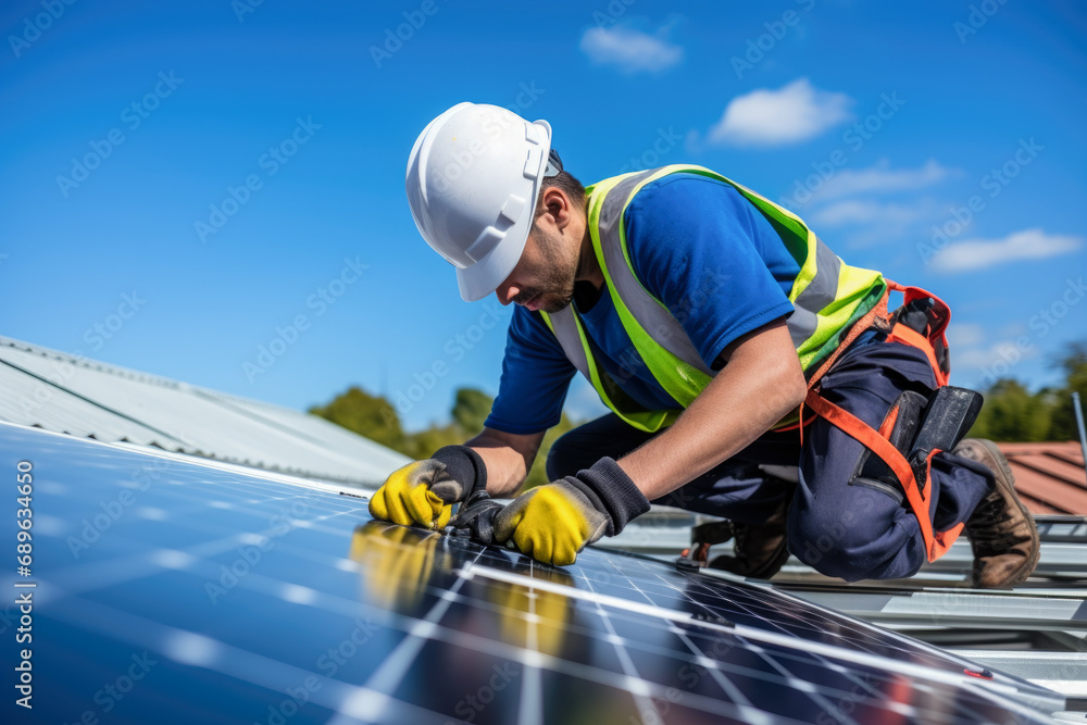 Technician Installing Solar Panels on Residential Building Technician Installing Solar Panels on Residential Building