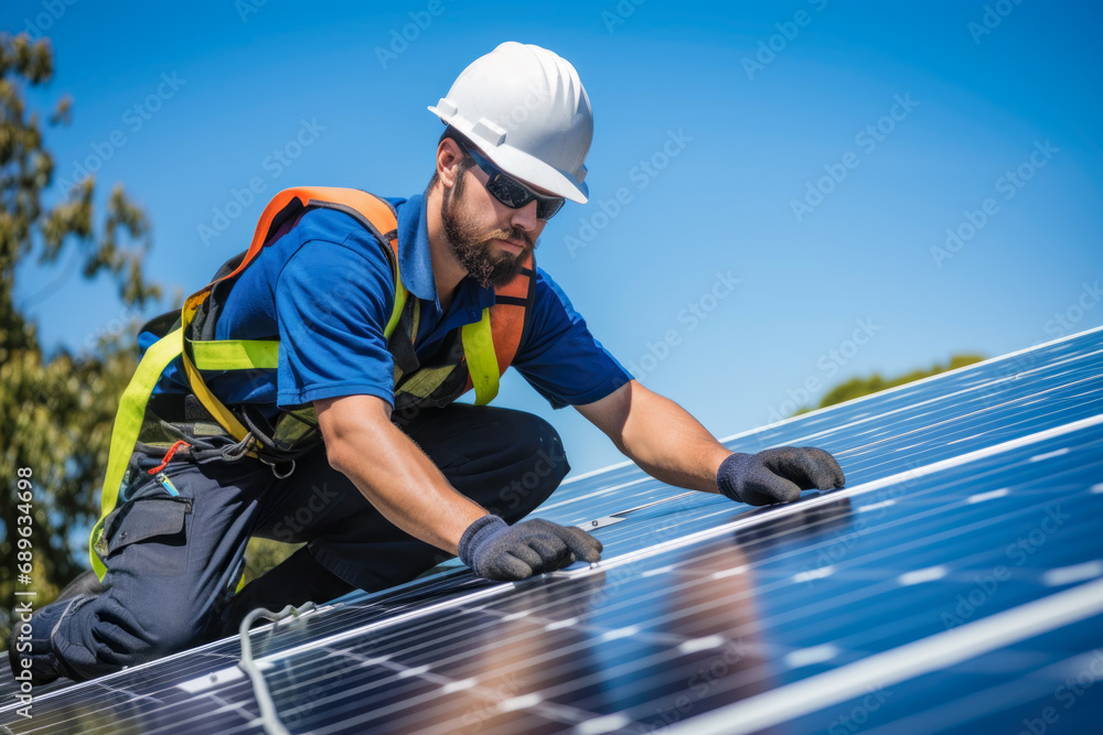 Technician Installing Solar Panels on Residential Building Technician Installing Solar Panels on Residential Building