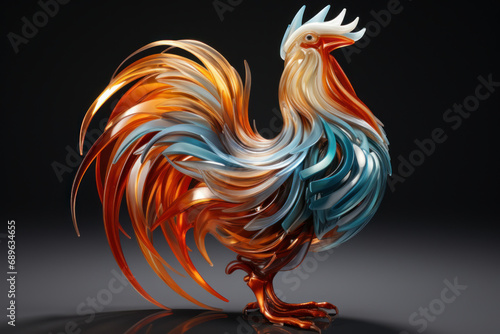 Artwork of a rooster made in liquid metal and black background. Generative AI. © Agustin