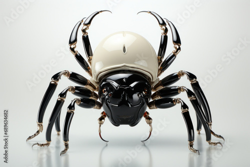 Artwork of a spider made of liquid metal and white background. Generative AI.