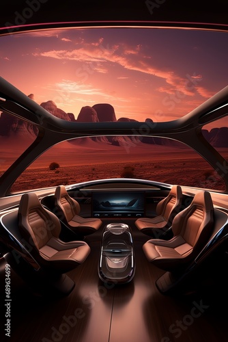 inside a futuristic vehicle with a view of the desert and mountains