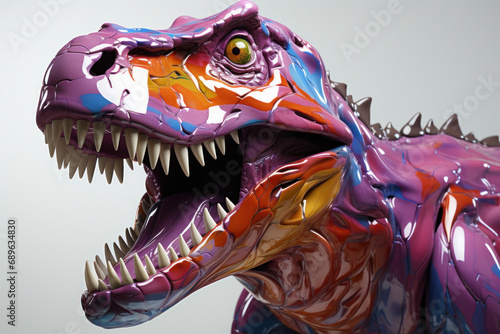 Artwork of a dinosaur made of liquid metal and white background. Generative AI.