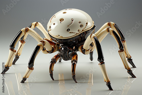 Work of art of a black spider, made of liquid metal and white background. Generative AI.
