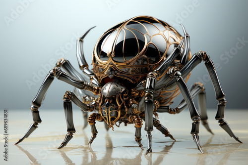 Work of art of a black spider  made of liquid metal and white background. Generative AI.