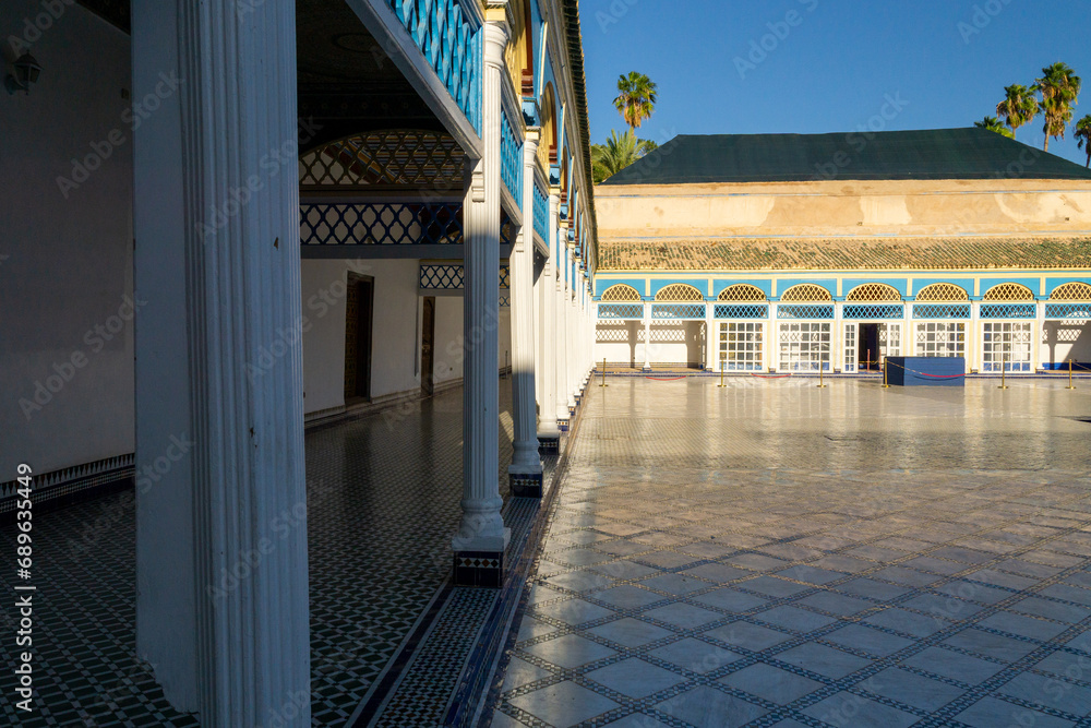 Main courtyard of the Bay Palace, with blue mosaic details. Photo taken at sunset.