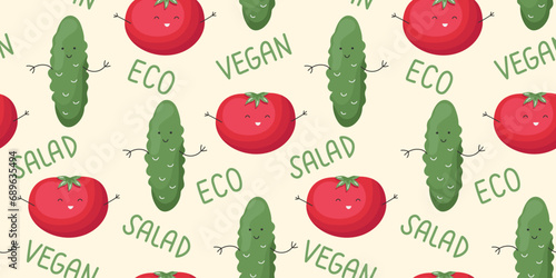 Vector Seamless Pattern with Cute Cartoon Funny Tomato and Cucumber. Children Healthy Nutrition Concept. Baby Vegetable Characters