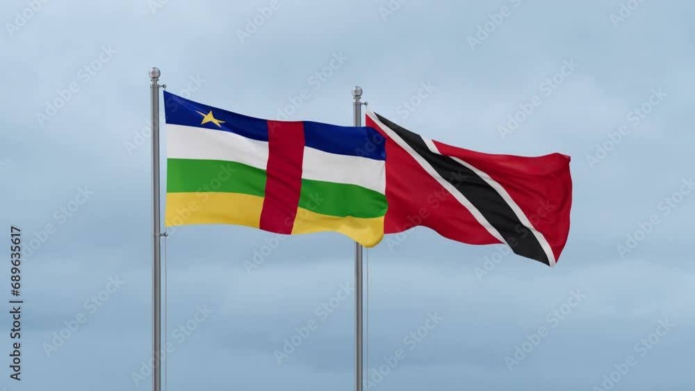 Trinidad and Tobago and Central Africa flag waving together on cloudy sky, endless seamless loop, two country cooperation concept Trinidad and Tobago and Central Africa flag waving together on cloudy sky, endless seamless loop, two country cooperation concept