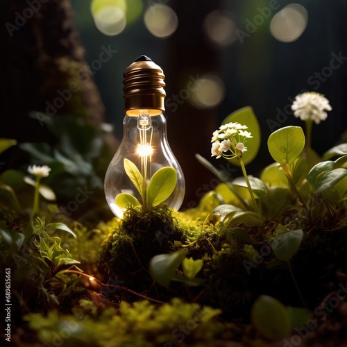 Lightbulb with plants and blooming flowers growing, showing renewable environment friendly energy for electricity