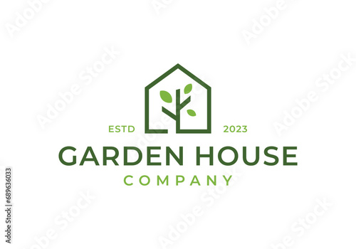 plant leaf with house for garden house logo design illustration