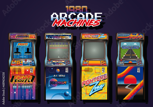1980s Electronic Video Game Arcade Machines, 8 bit Shooter, Racing, Fighting Games