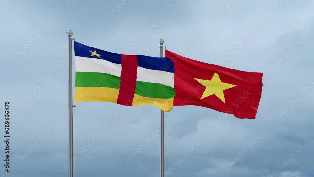 Vietnam and Central Africa flag waving together on cloudy sky, endless seamless loop Vietnam and Central Africa flag waving together on cloudy sky, endless seamless loop