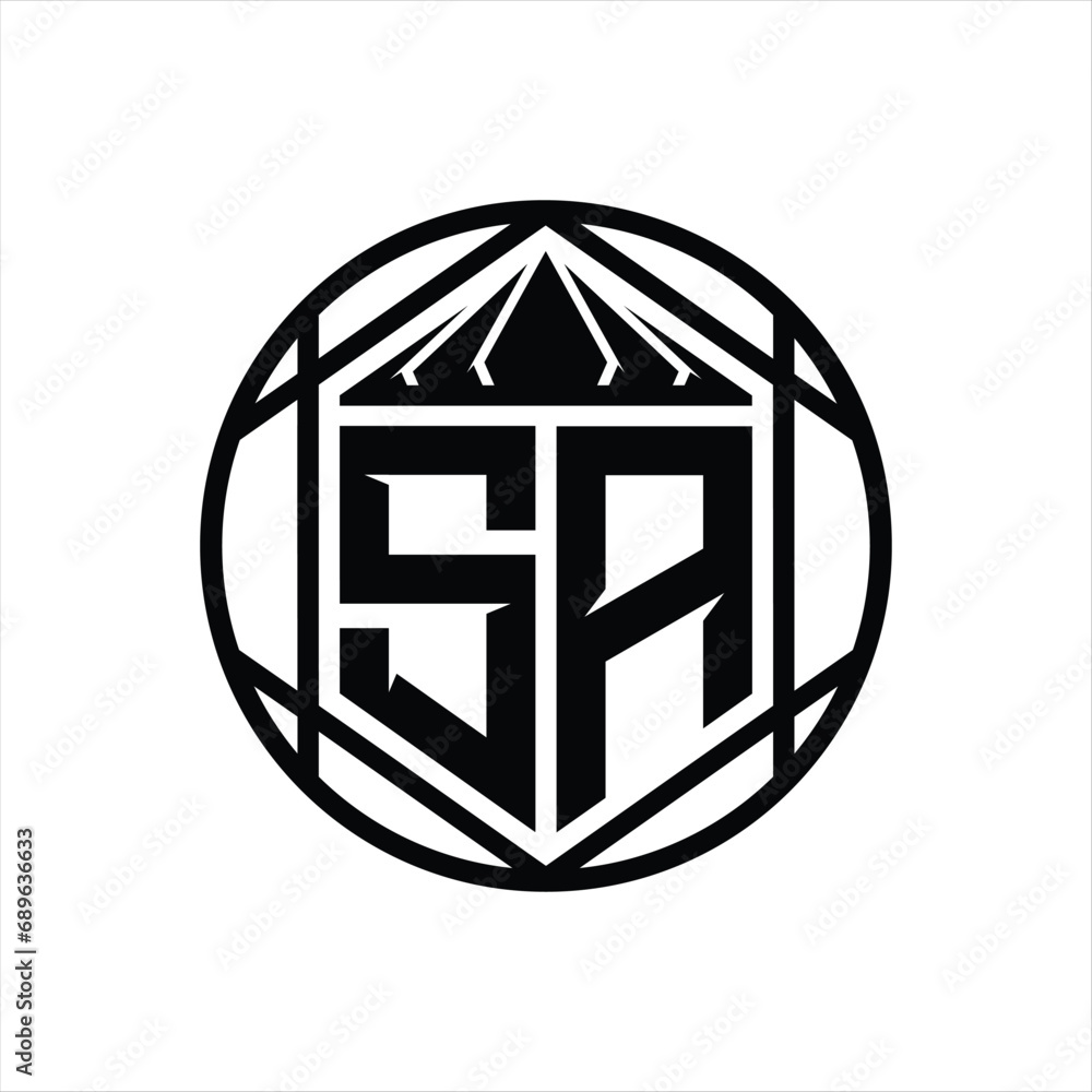 SA Letter Logo monogram hexagon slice crown sharp shield shape isolated circle abstract style design SA Letter Logo monogram hexagon slice crown sharp shield shape isolated circle abstract style design