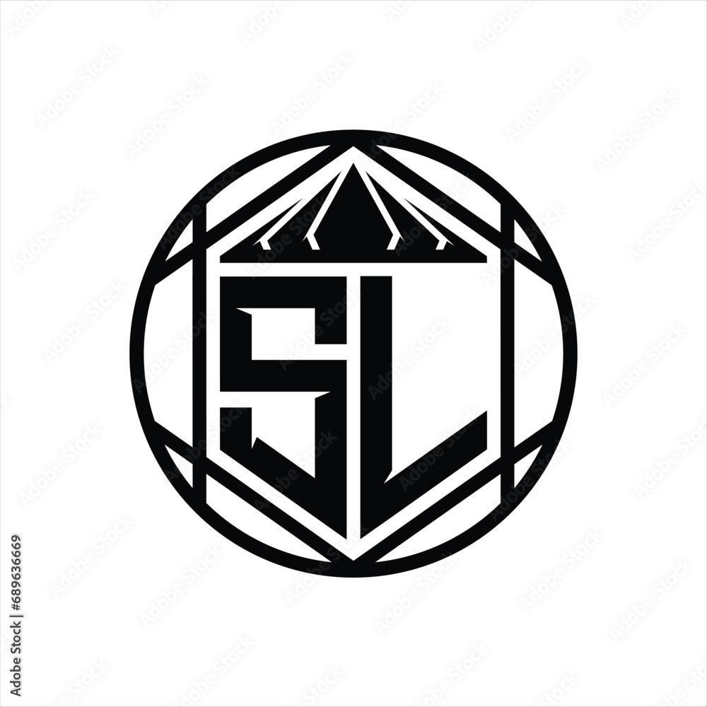 SL Letter Logo monogram hexagon slice crown sharp shield shape isolated circle abstract style design SL Letter Logo monogram hexagon slice crown sharp shield shape isolated circle abstract style design