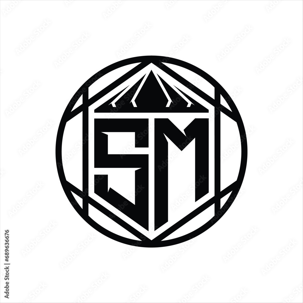 SM Letter Logo monogram hexagon slice crown sharp shield shape isolated circle abstract style design SM Letter Logo monogram hexagon slice crown sharp shield shape isolated circle abstract style design