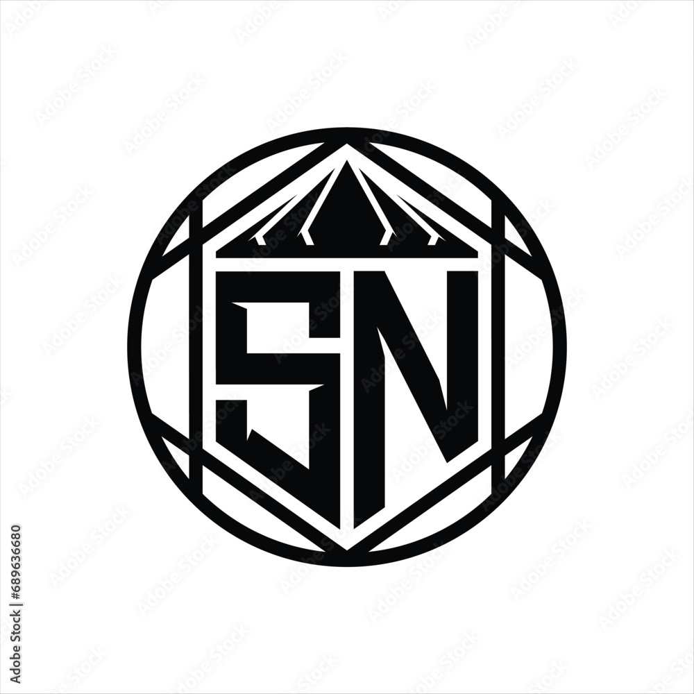 SN Letter Logo monogram hexagon slice crown sharp shield shape isolated circle abstract style design SN Letter Logo monogram hexagon slice crown sharp shield shape isolated circle abstract style design
