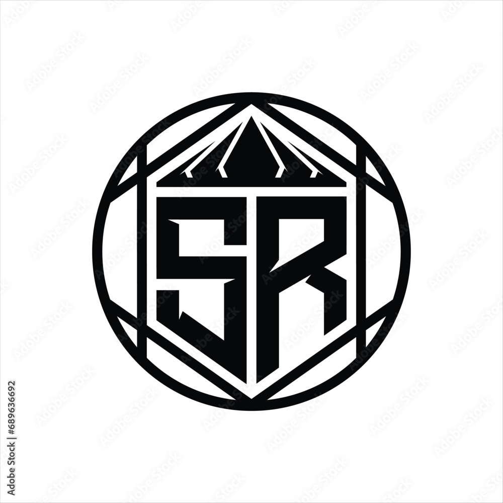 SR Letter Logo monogram hexagon slice crown sharp shield shape isolated circle abstract style design SR Letter Logo monogram hexagon slice crown sharp shield shape isolated circle abstract style design