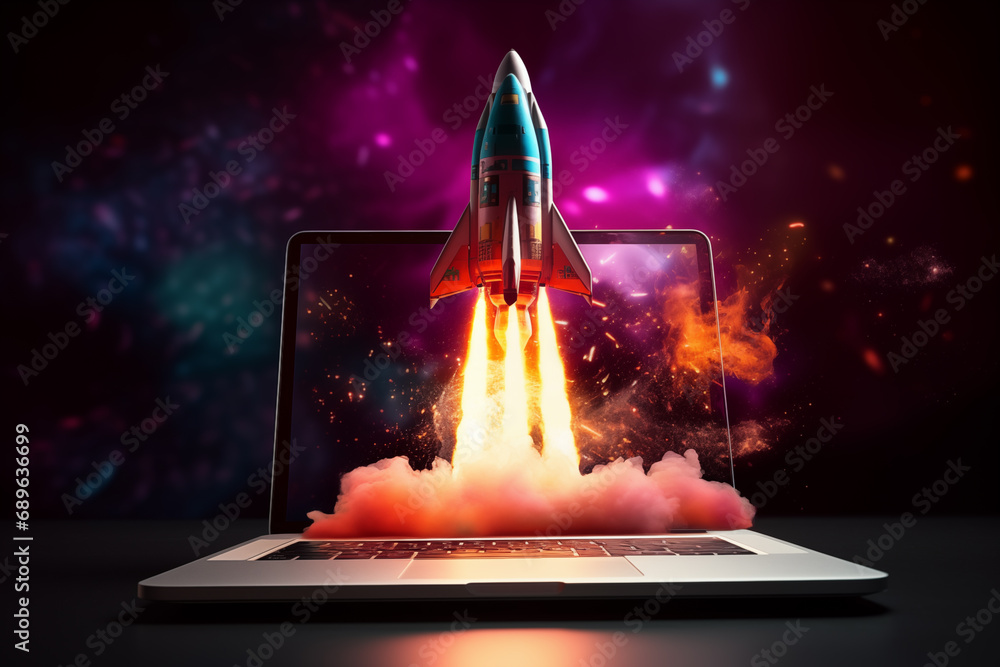 AI-Generated Neon Rocket Launch from Laptop Imagery - obrazy, fototapety, plakaty 