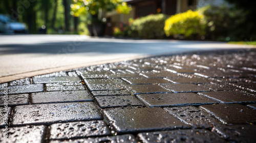 Close up showing driveway sealant to protect the bricks created with Generative Ai photo