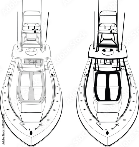 Front and top view fishing boat vector line art illustration.