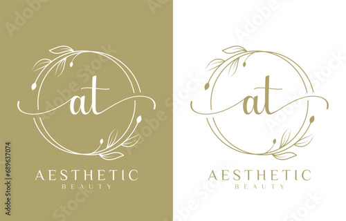 Letter AT Beauty Logo with Flourish Ornament