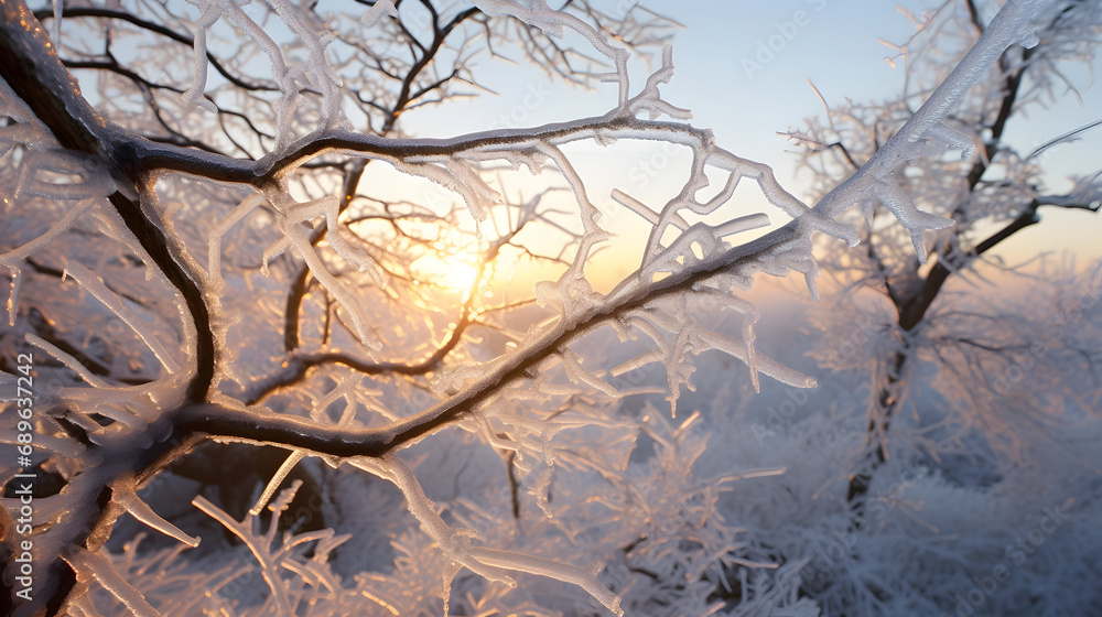 Obraz premium cold winter in the forest with ice forming on branches and sunlight in the background