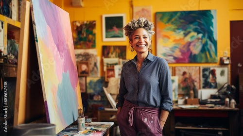 Portrait of a joyful artist in a studio, with a colorful canvas in the background.