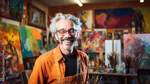 Portrait of a joyful artist in a studio, with a colorful canvas in the background. © Emil
