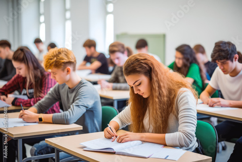 Group of students studying in the classroom. writing and learning on the desk. having an exam test. modern university. © VisualProduction