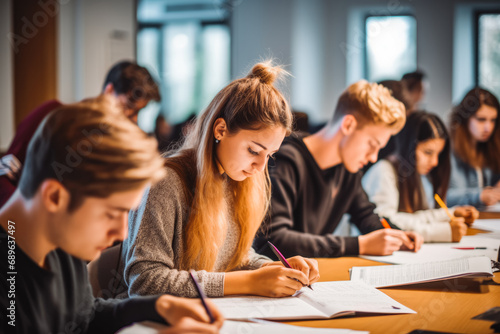 Group of students studying in the classroom. writing and learning on the desk. having an exam test. modern university.