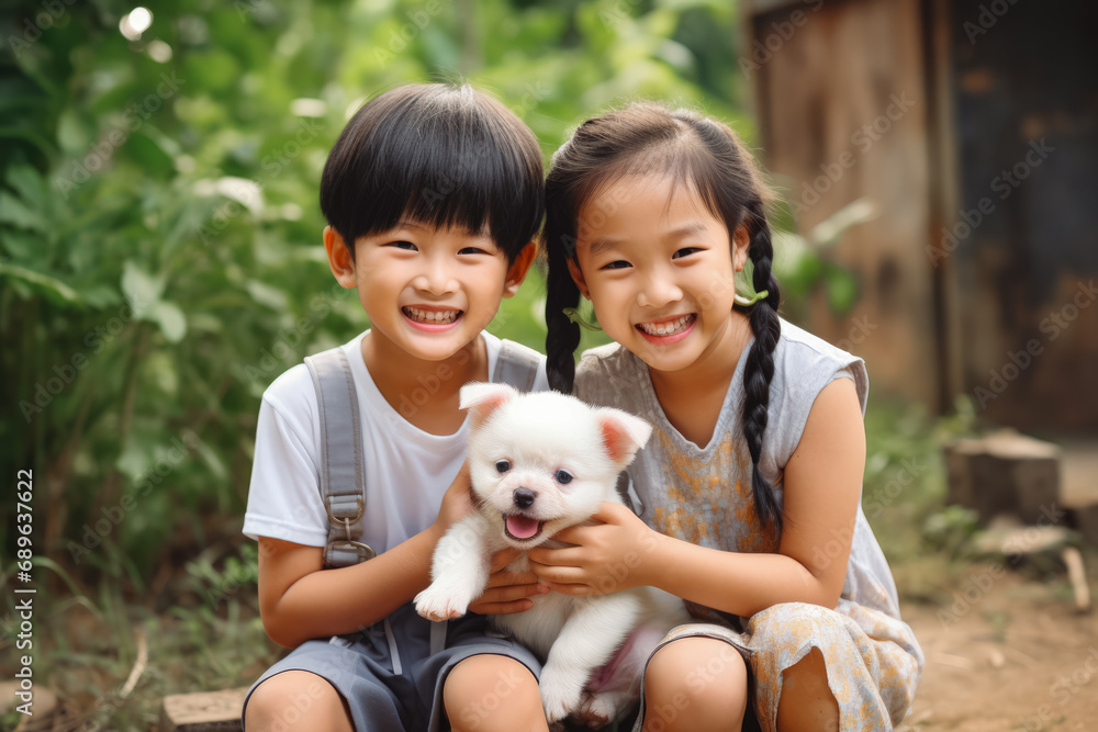 Asian children happy getting a puppy as a present. Girl and boy hugging a puppy. Small cute fluffy dog. Birthday present. Playing with dog in nature. Asian children happy getting a puppy as a present. Girl and boy hugging a puppy. Small cute fluffy dog. Birthday present. Playing with dog in nature.